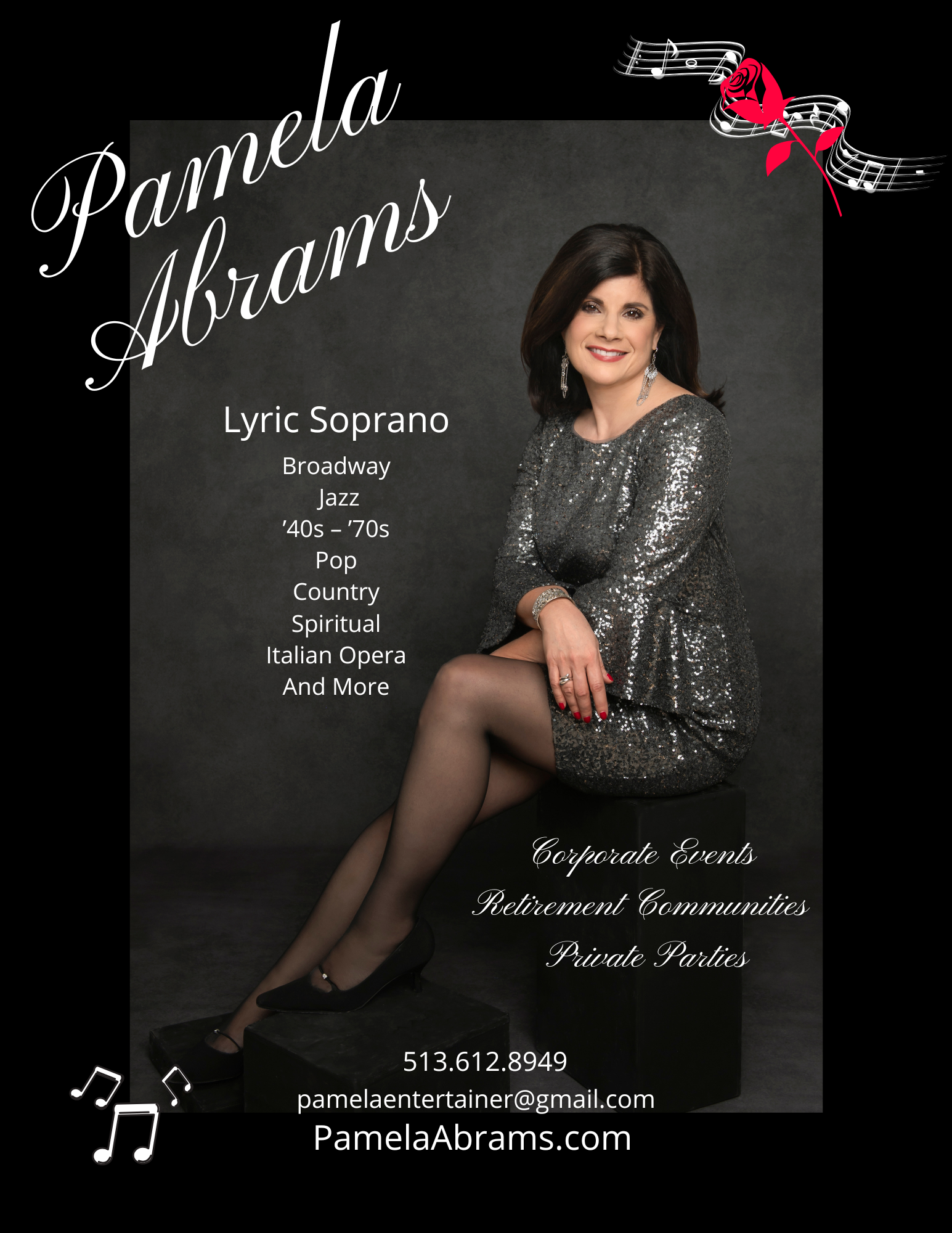 Flyer for Pamela Abrams entertainer lyric soprano singer South Florida Book Now for Corporate Events, Private Parties, Retirement Communities Flyer for Pamela Abrams entertainer lyric soprano singer South Florida Book Now for Corporate Events, Private Parties, Retirement Communities